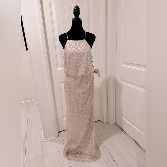 Adrianna Papell Nude Halter Blouson Beaded Mesh Long Gown Size 6 - Picture 4 of 7